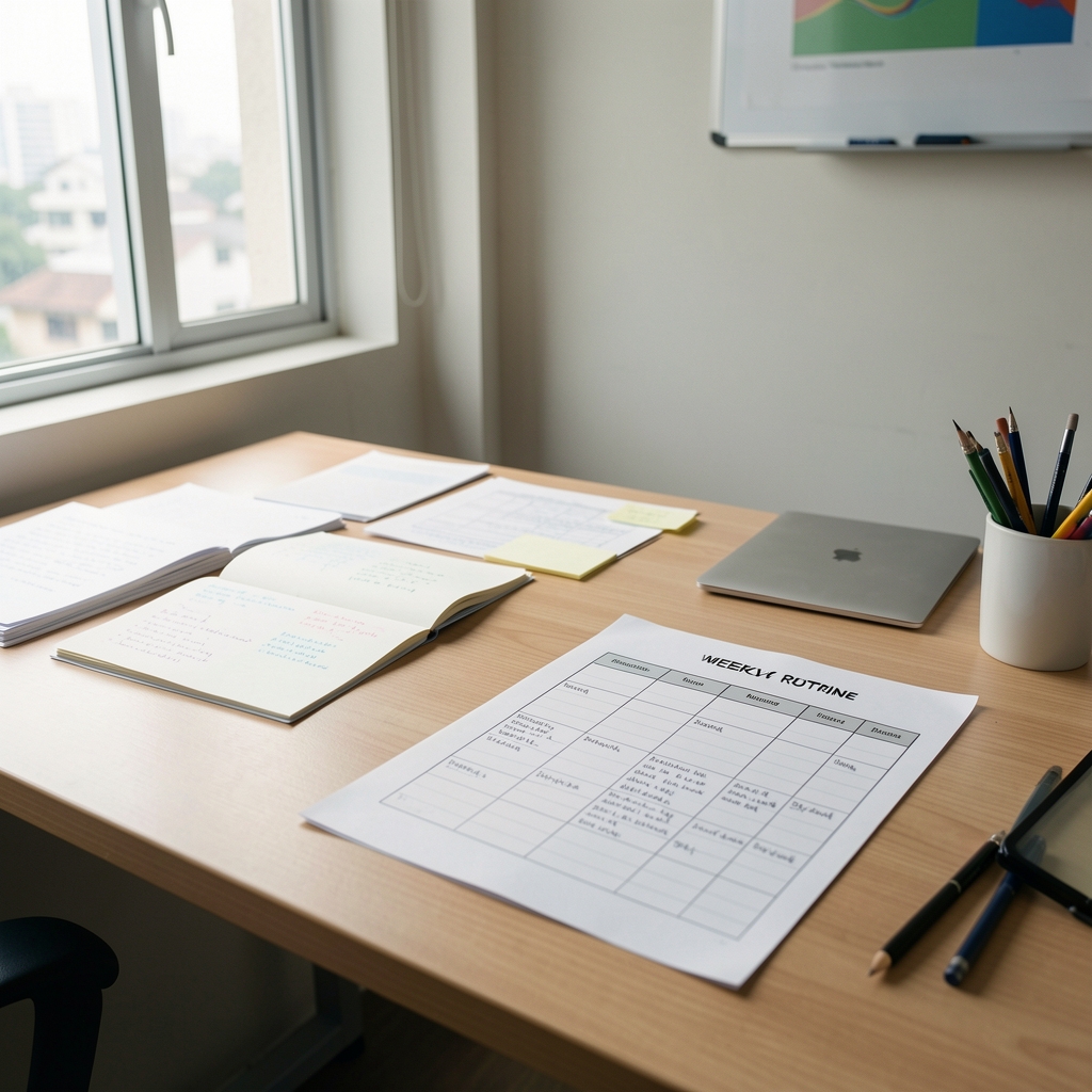 Editorial workspace in a Jakarta studio showing a desk with structured research notes, a printed weekly routine framework, and natural light through a window