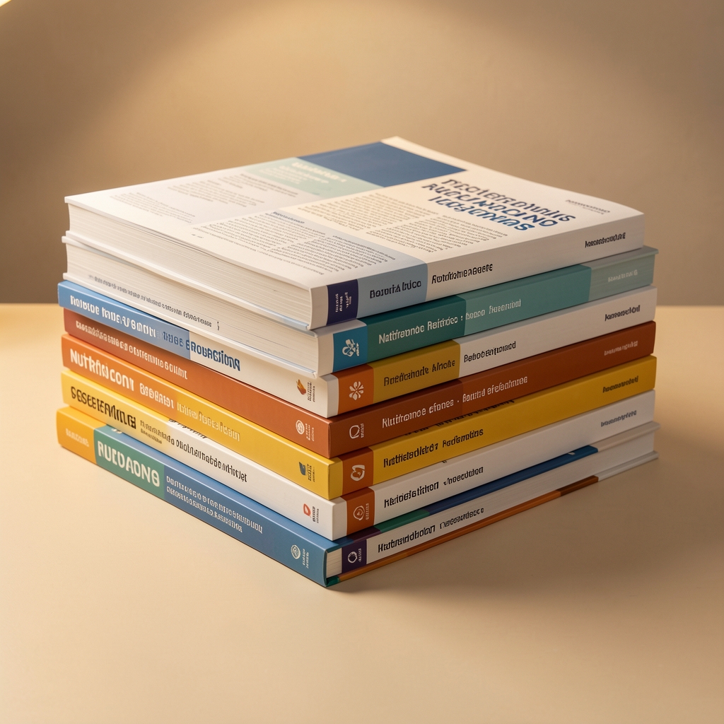 Stack of printed research journals and nutrition reference books with page markers, arranged on a clean desk surface with warm studio lighting