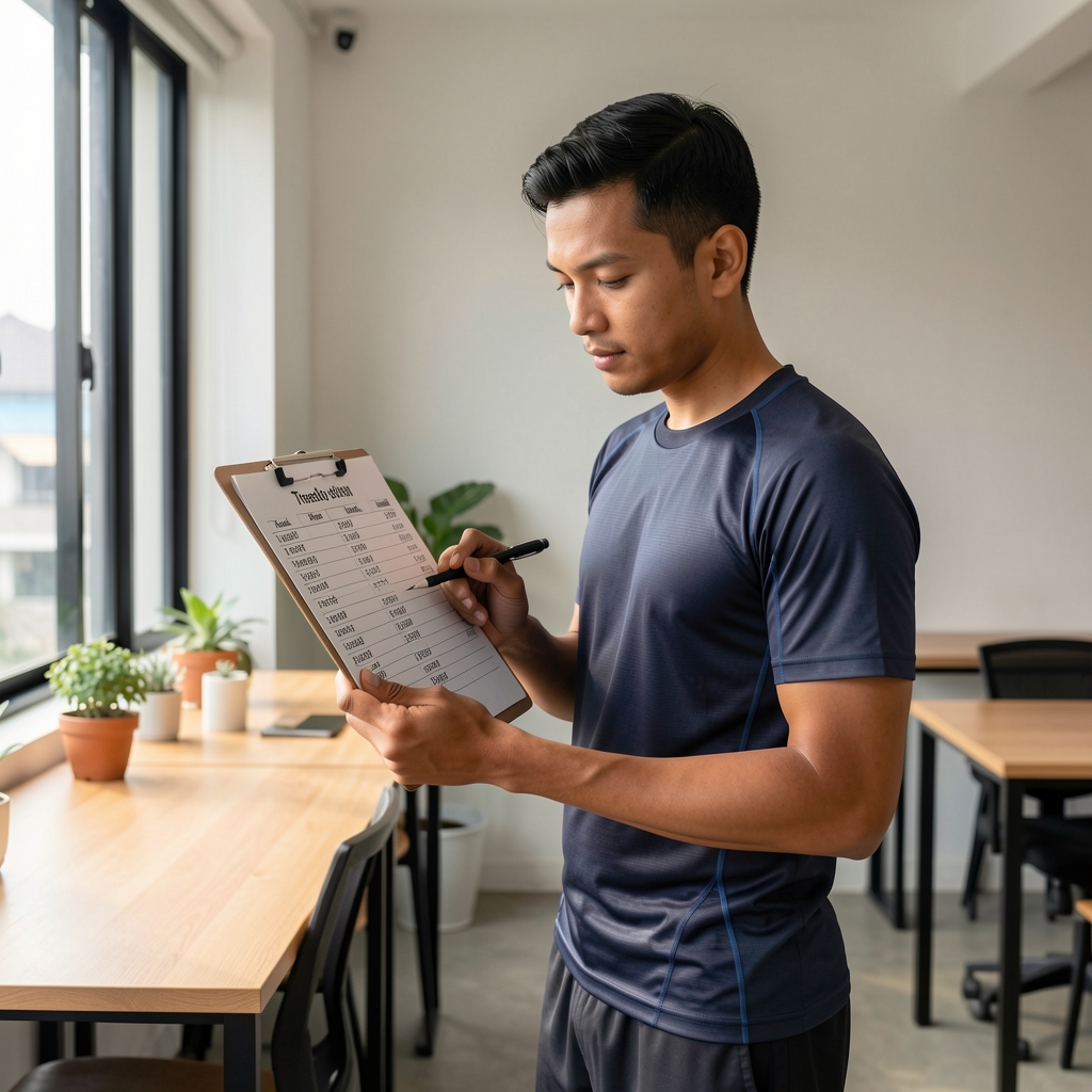 Man reviewing a structured weekly training plan on a clipboard at a minimalist Jakarta co-working space, wearing athletic wear, natural afternoon light