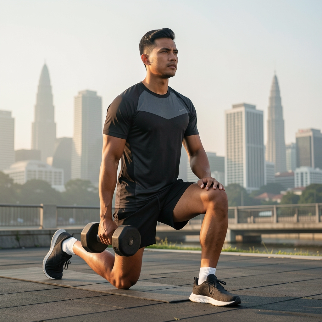 Active Indonesian man in athletic wear during an early morning outdoor workout session, Jakarta cityscape in background, natural lighting