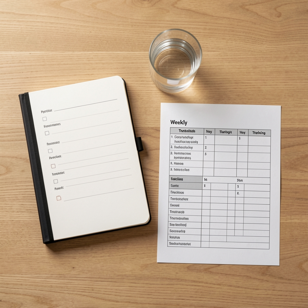 Minimalist flat lay showing a hydration tracking journal, a glass of water, and a printed weekly training plan on a wooden surface under controlled studio lighting