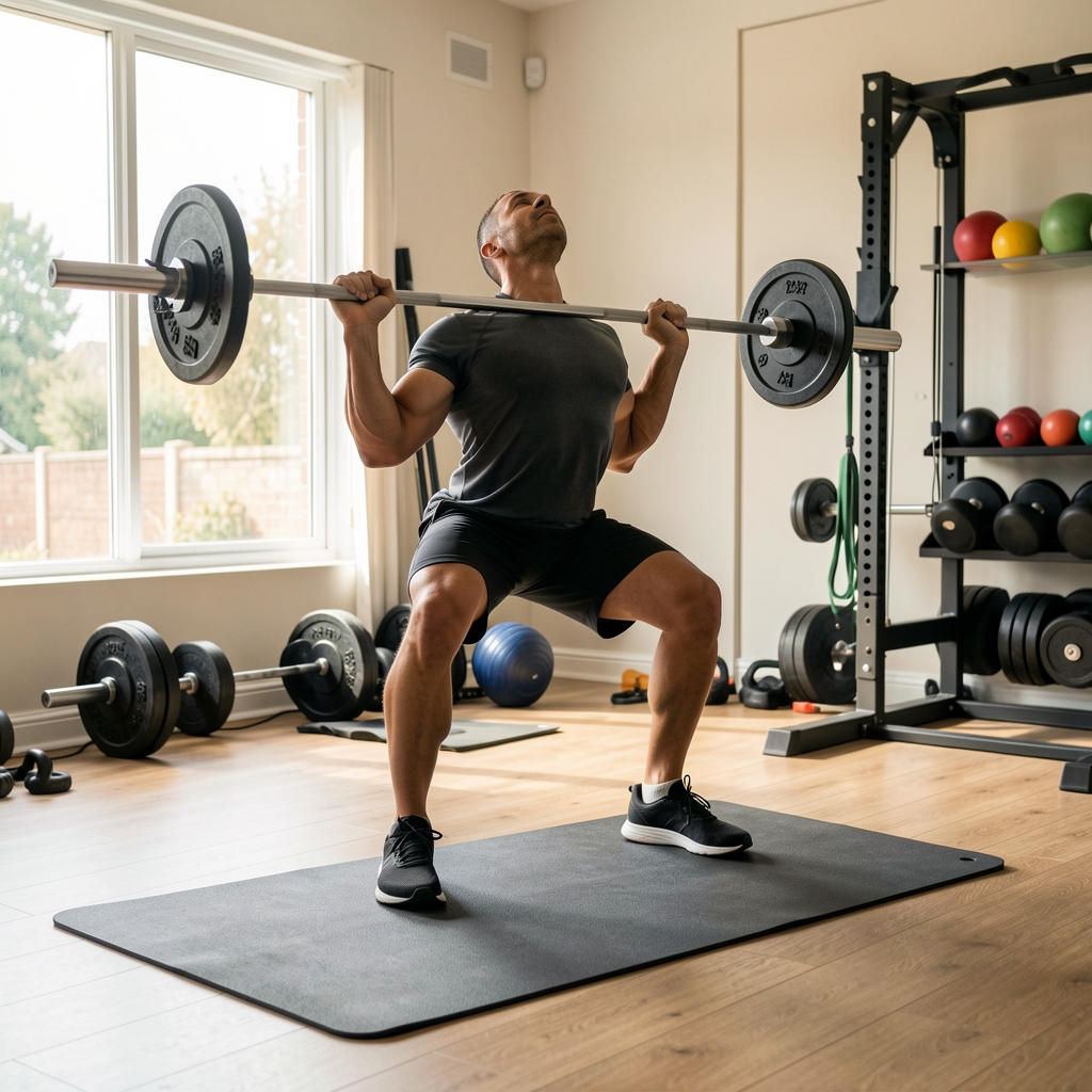Man performing structured strength training exercises in a well-equipped home gym with natural light