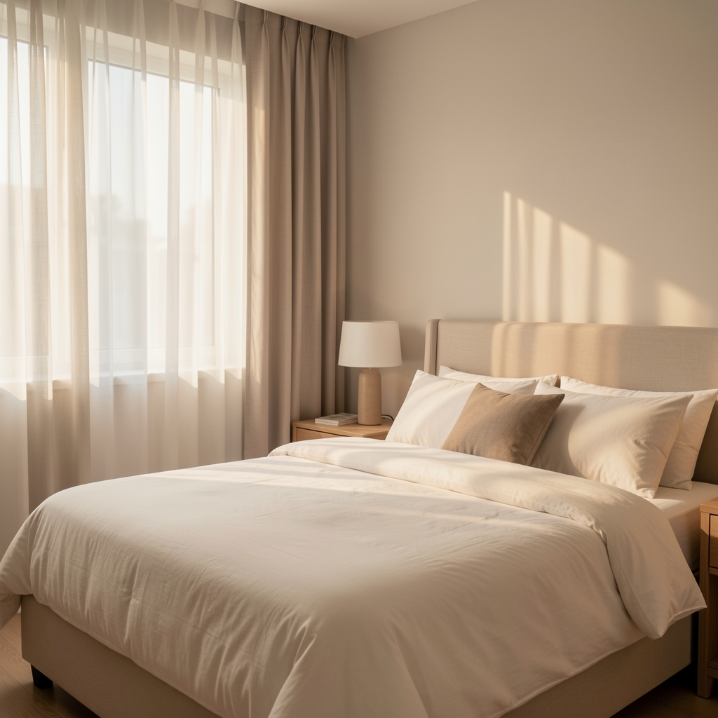 Calm bedroom environment with soft morning light filtering through curtains, representing quality sleep and rest
